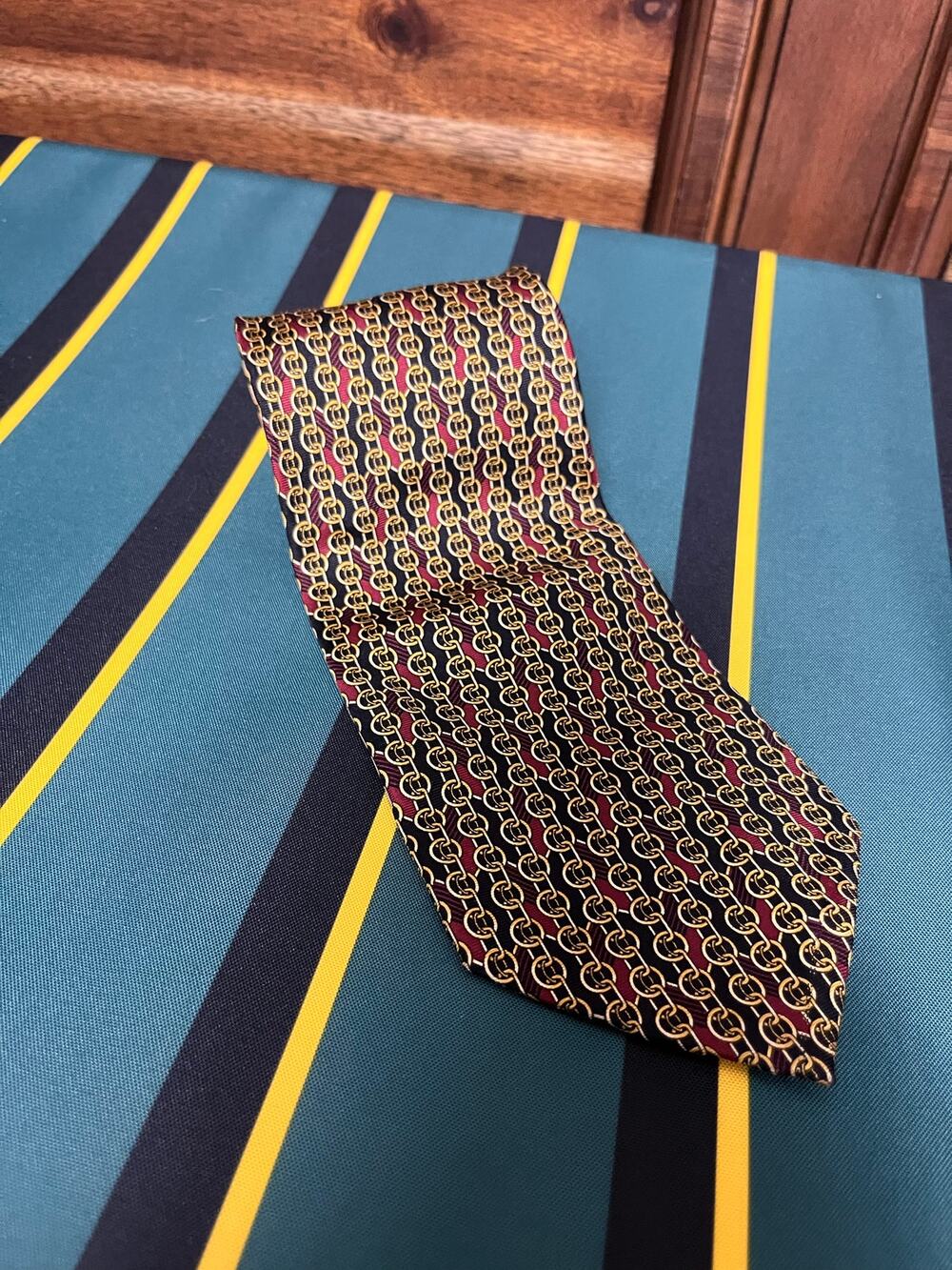 Vintage Paolo Gucci Silk Tie Black Gold Chain Print Designer Italian Style